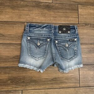 Miss Me Sz 26 embellished, fringed shorts. Factory fading, distressing
